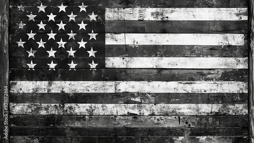 american distressed flag on wood black and white background