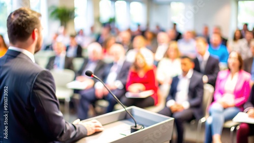 Blurred background of a speaker's podium at a professional conference.
