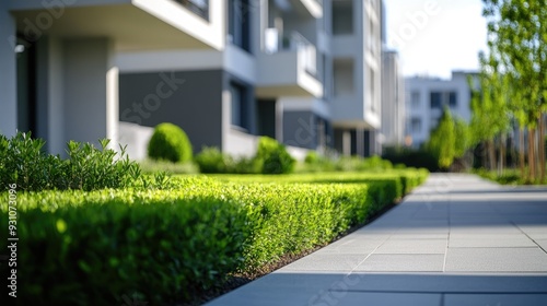 Minimalist landscaping around an apartment building, shown in close-up with a focus on simplicity and a clean background.