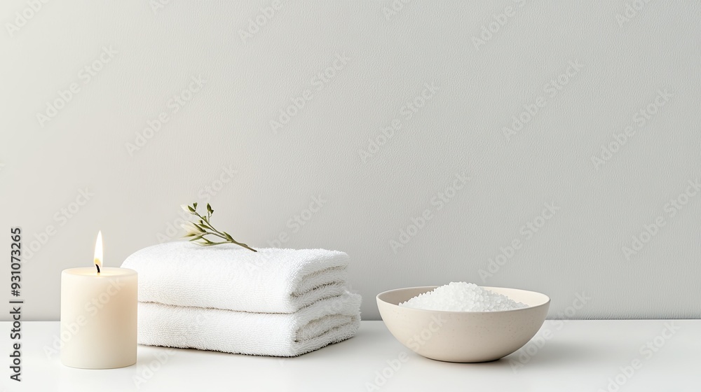 Minimalist spa setup with a white towel, candle, and bowl of sea salt, shown in a side view against a plain background. Minimalist spa setup with a white towel, candle, and bowl of sea salt, shown in a side view against a plain background.