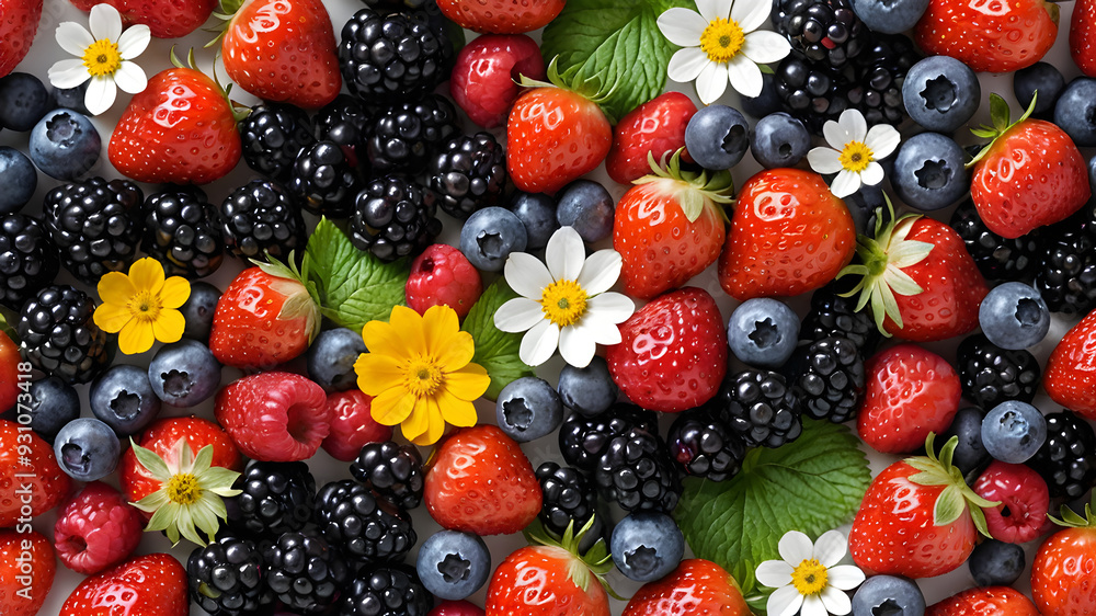 Obraz premium Berries including strawberries, blueberries, and blackberries with edible flowers on a white background, high resolution