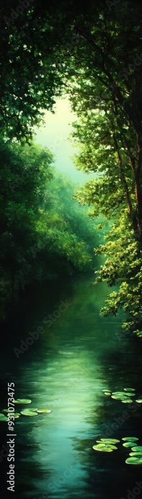 Obraz premium A tranquil scene of a lush green forest reflected in calm water, evoking peace and connection with nature.