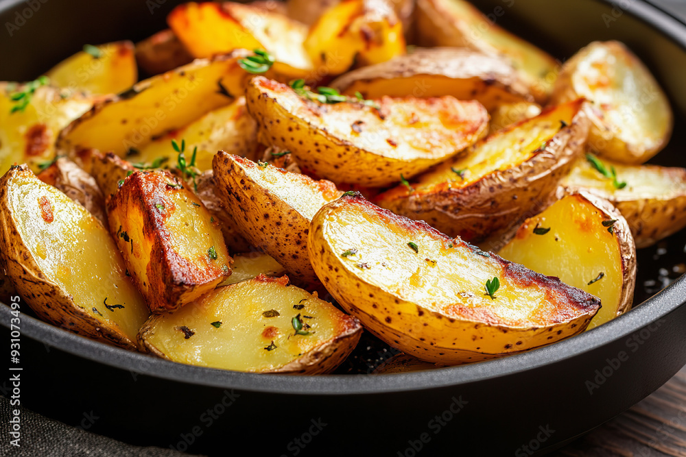 Crispy golden potato wedges served with fresh herbs Crispy golden potato wedges served with fresh herbs