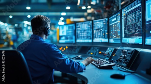 A modern manufacturing plant's control center, with technicians overseeing production.