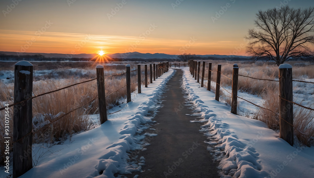 Winter sunrise and sunset over a frozen lake with snow-covered trees and a blue sky Winter sunrise and sunset over a frozen lake with snow-covered trees and a blue sky