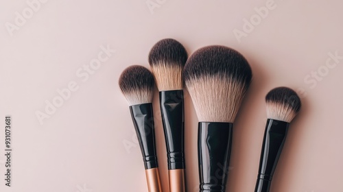 Neatly arranged makeup brushes on a clean backdrop, presented in a minimalist style to emphasize simplicity and organization.