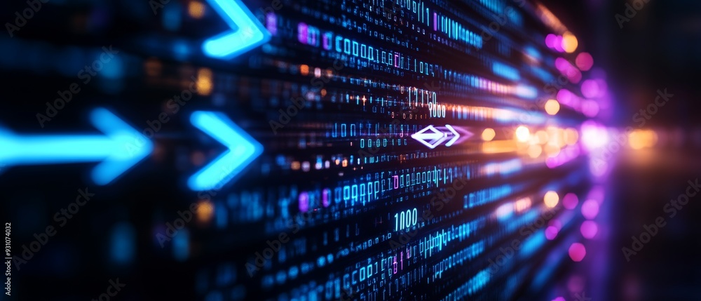 Arrows pointing towards the future, modern office filled with digital technology and innovation Arrows pointing towards the future, modern office filled with digital technology and innovation