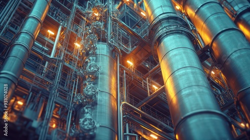 Abstract view of a chemical distillation column, part of an industrial refining process.