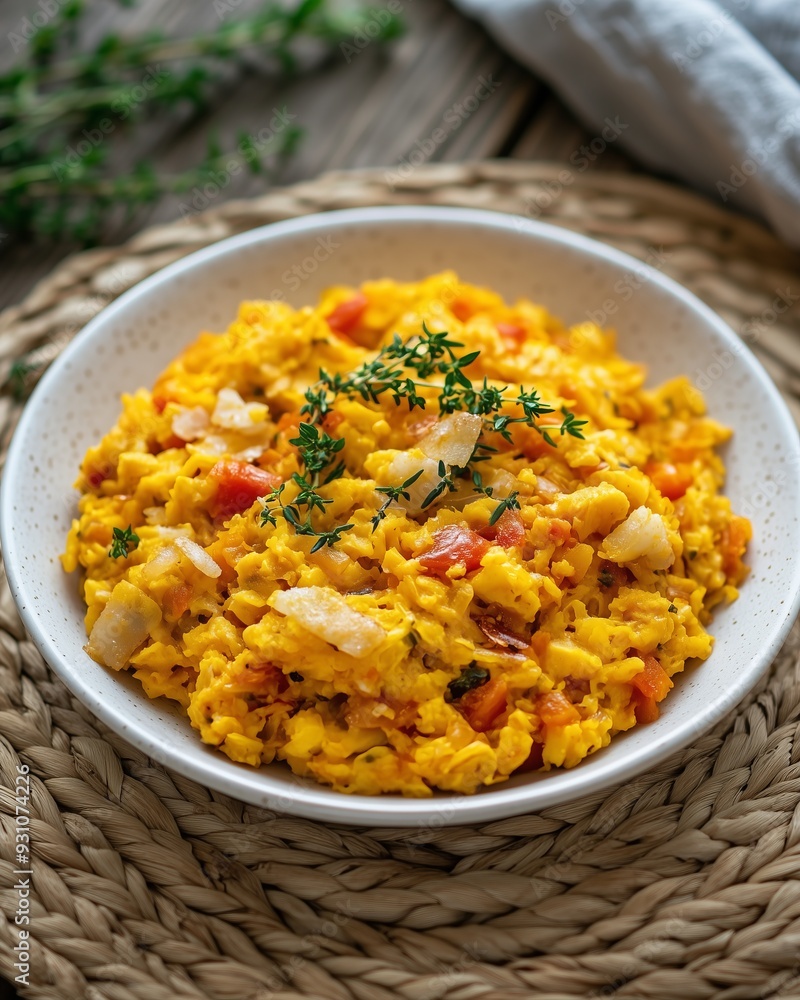 High-quality close-up of traditional Jamaican ackee and saltfish with fresh thyme garnish in a white bowl High-quality close-up of traditional Jamaican ackee and saltfish with fresh thyme garnish in a white bowl