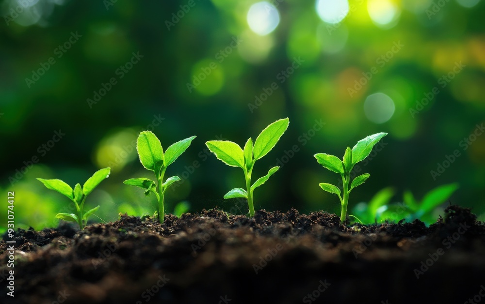 Fresh green seedlings emerge from rich soil, symbolizing growth and renewal in a vibrant natural setting. Fresh green seedlings emerge from rich soil, symbolizing growth and renewal in a vibrant natural setting.