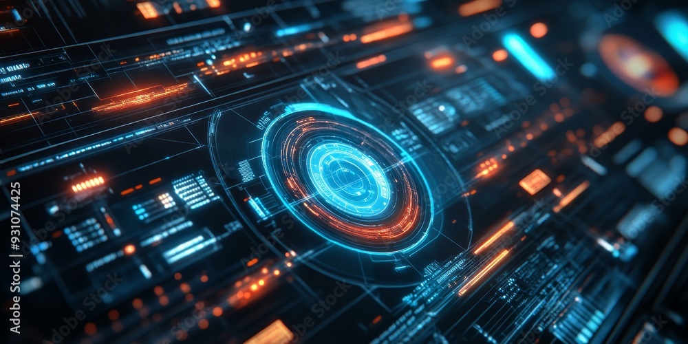 Close-up of a futuristic space interface with holographic controls and glowing data streams, designed for intergalactic navigation Close-up of a futuristic space interface with holographic controls and glowing data streams, designed for intergalactic navigation
