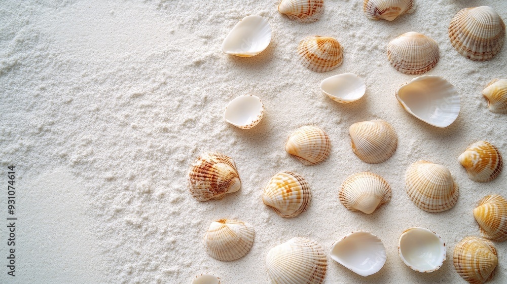 Seashells scattered across white sand, presented in a minimalistic fashion with a simple, clean background for a serene image. Seashells scattered across white sand, presented in a minimalistic fashion with a simple, clean background for a serene image.