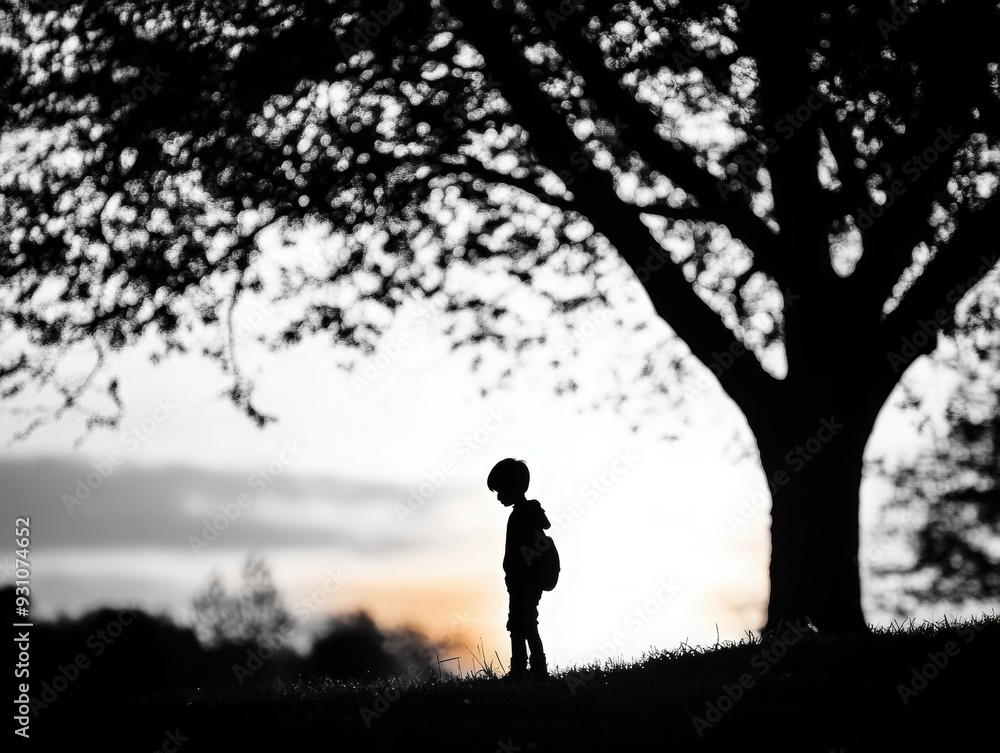 Silhouette of a child standing under a tree at sunset, evoking wonder and tranquility in nature.