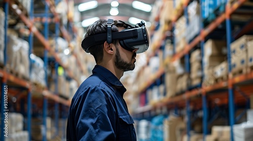 Man wearing a virtual reality headset stands in a warehouse, illustrating the use of technology in modern workplaces.