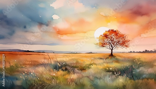 夕暮れ時の草原の風景イラスト、一本の木
