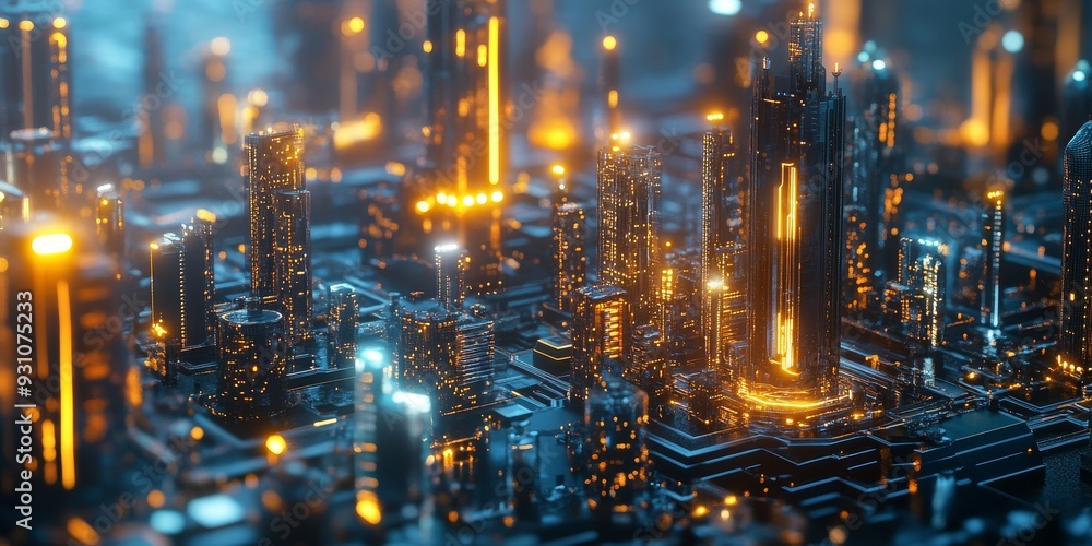 Close-up of a futuristic cityscape with glowing towers, advanced energy grids, and dynamic, AI-driven public spaces Close-up of a futuristic cityscape with glowing towers, advanced energy grids, and dynamic, AI-driven public spaces