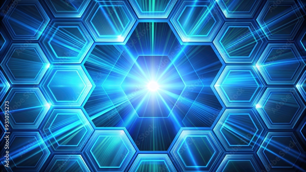 Futuristic hexagon pattern with vibrant blue colors and light rays , abstract, rendering, technology, surface Futuristic hexagon pattern with vibrant blue colors and light rays , abstract, rendering, technology, surface