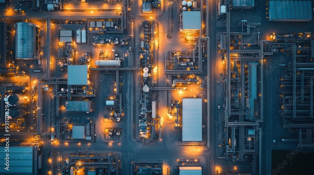 Fototapeta premium Aerial view of a large manufacturing complex with interconnected buildings and machinery.
