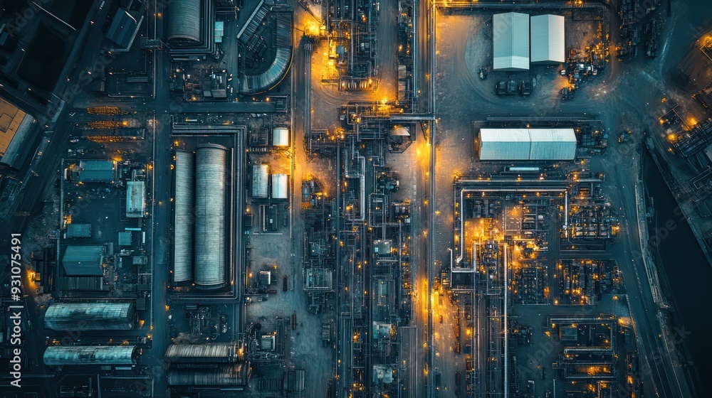 Aerial view of a sprawling industrial complex with warehouses and production facilities. Aerial view of a sprawling industrial complex with warehouses and production facilities.