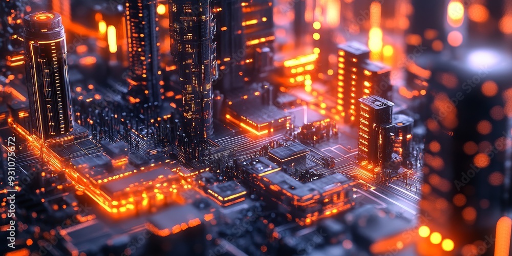 Fototapeta premium Close-up of a futuristic cityscape with glowing towers, advanced energy grids, and dynamic, AI-driven public spaces