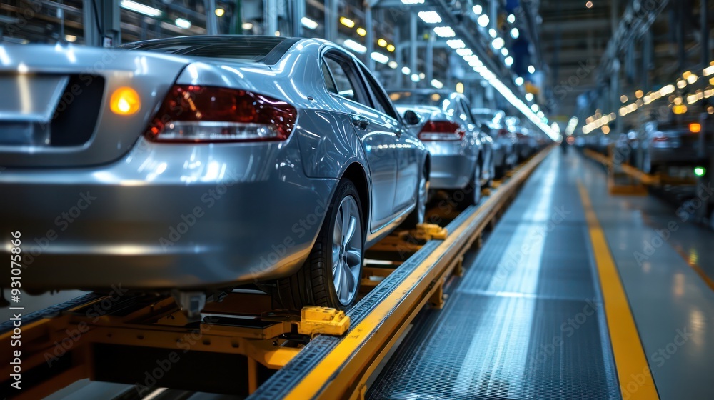 Assembly line in a car manufacturing plant, with vehicles in various ...