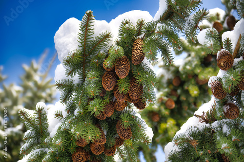 Εκτύπωση καμβά Snow-dusted spruce tree branch with pine cones