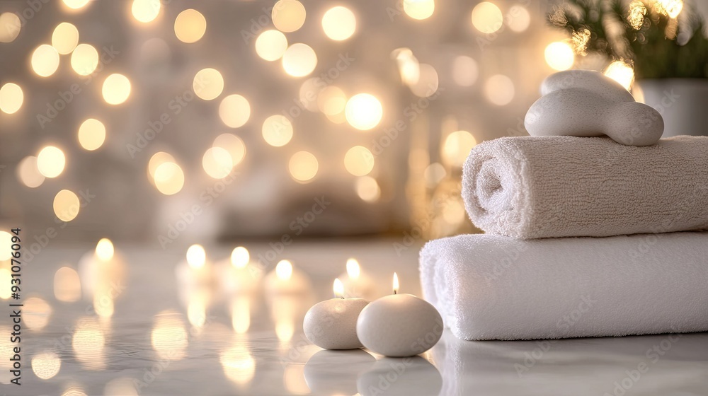 Spa-themed background featuring delicate bokeh lights and a clean white canvas, evoking a sense of beauty, calm, and relaxation.