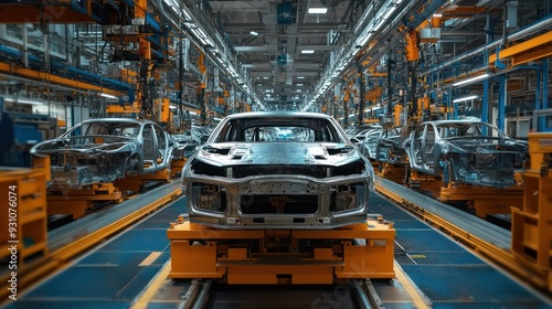 Assembly line in an automotive factory, with car bodies moving through various stages of production.