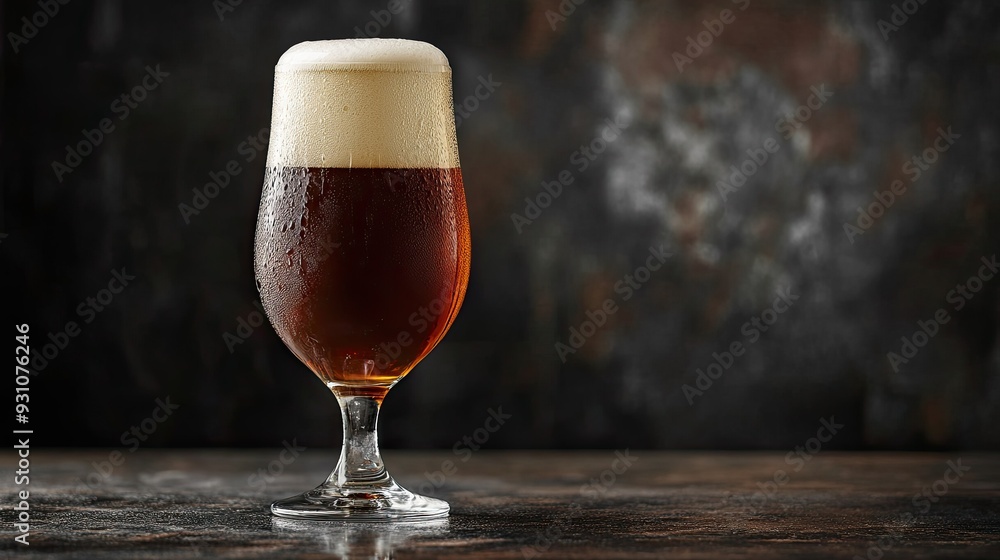 Studio shot of a tulip pint glass filled with beer, emphasizing the frothy head and condensation Studio shot of a tulip pint glass filled with beer, emphasizing the frothy head and condensation