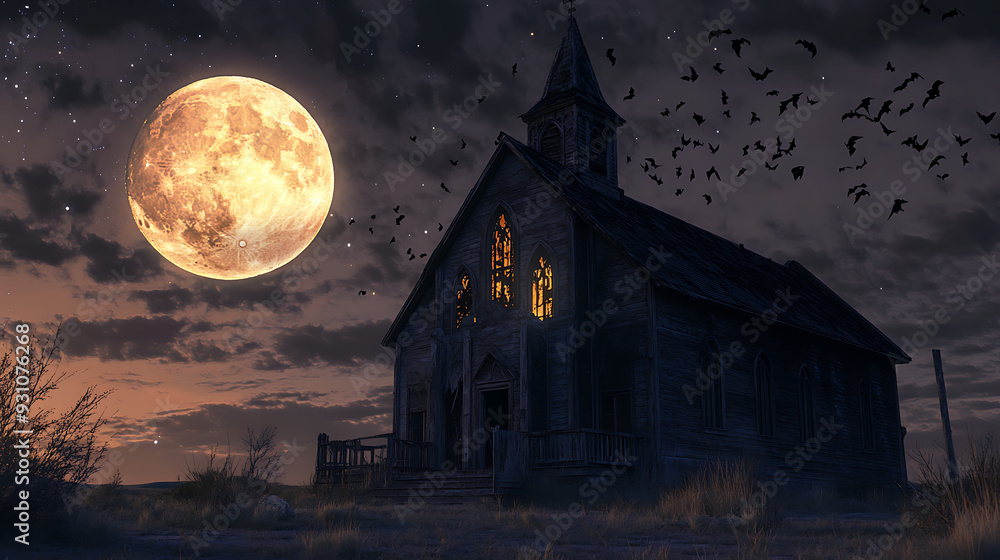 A haunting scene of an old, abandoned Wild West church with bats flying around, illuminated by a full moon A haunting scene of an old, abandoned Wild West church with bats flying around, illuminated by a full moon