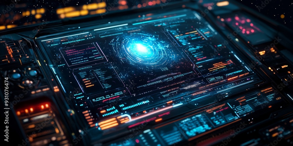 Interactive space command interface, showcasing advanced celestial charts, digital readouts, and responsive control panels Interactive space command interface, showcasing advanced celestial charts, digital readouts, and responsive control panels