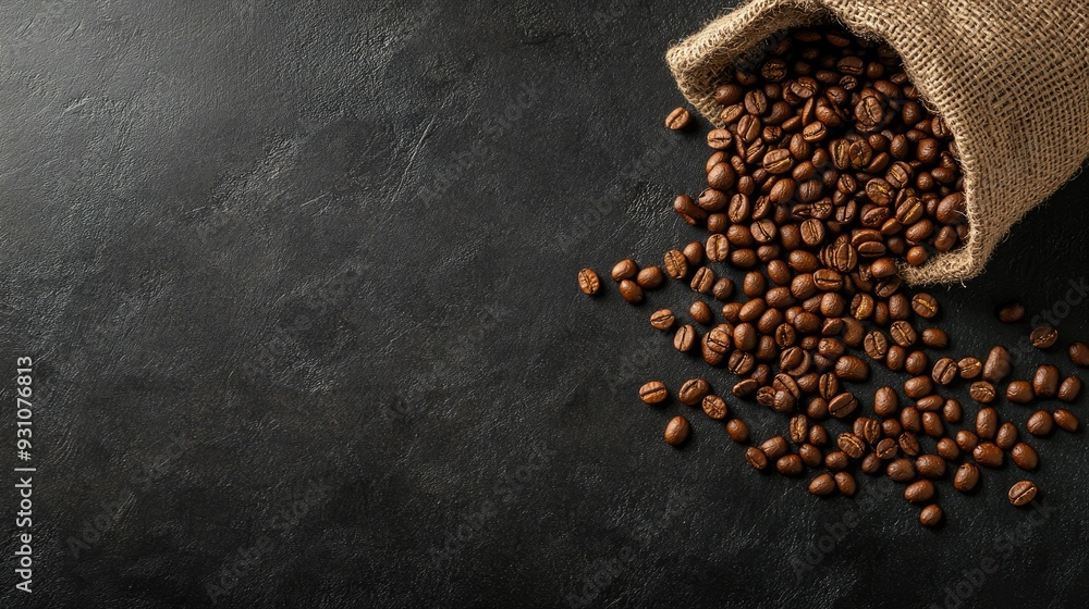 Top-down view of coffee beans pouring out of a small sack, spreading across a smooth, dark surface Top-down view of coffee beans pouring out of a small sack, spreading across a smooth, dark surface