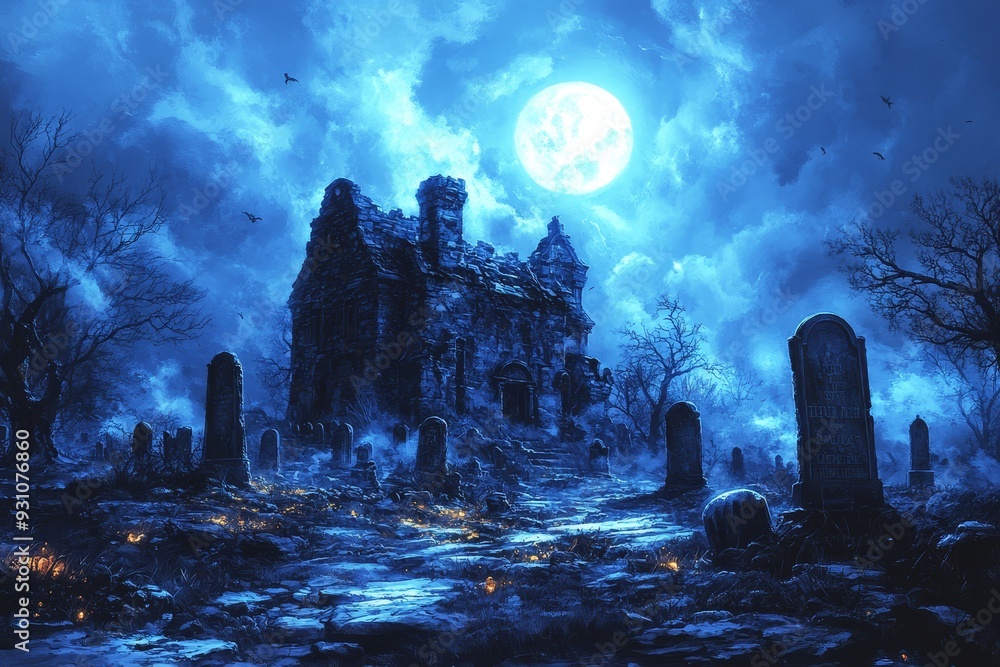 Obraz premium Illustrate a haunted timetraveling graveyard with 178 sky, sunset, night, landscape, clouds, sun, nature, moon, sunrise, fantasy, light, blue, city, water, aurora, dark, cloud, lights, northern, silh