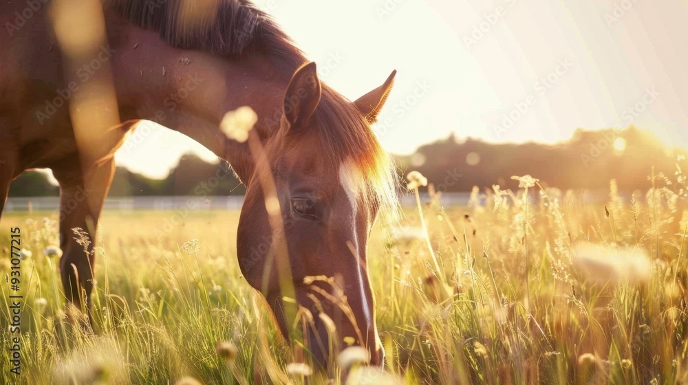 Obraz premium A close-up of a brown horse grazing in a sunny meadow, with its mane gently blowing in the wind