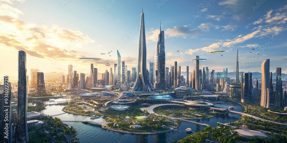 Fototapeta premium An expansive futuristic world with interlinked smart cities, showcasing advanced architecture and innovative urban designs