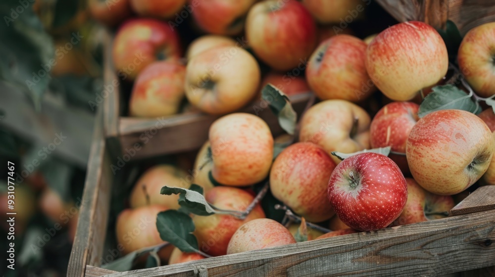 A close-up of a brown wooden crate filled with fresh apples, ready for picking A close-up of a brown wooden crate filled with fresh apples, ready for picking
