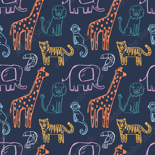 Hand drawn cartoon animals seamless vector illustration pattern isolated on navy blue background. Design for use all of fabric print wrapping paper and others. All over design ready to print.
