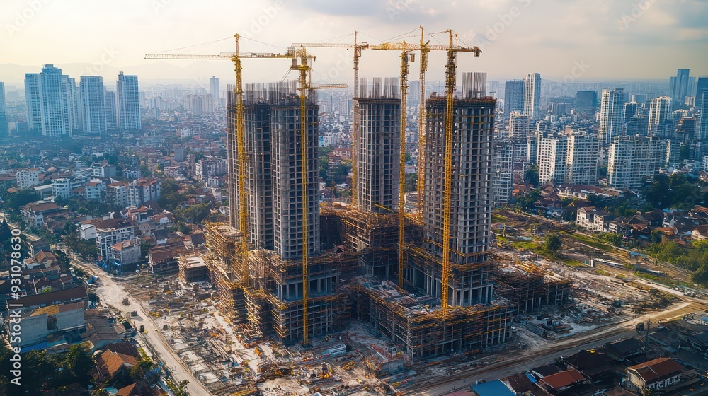 Obraz premium Aerial view of a large construction site with multiple cranes and workers, capturing the scale of urban development.