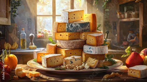 Generative AI illustration of variety of cheese blocks stacked on a plate with crumbles around in a rustic kitchen with fruits in the background  photo