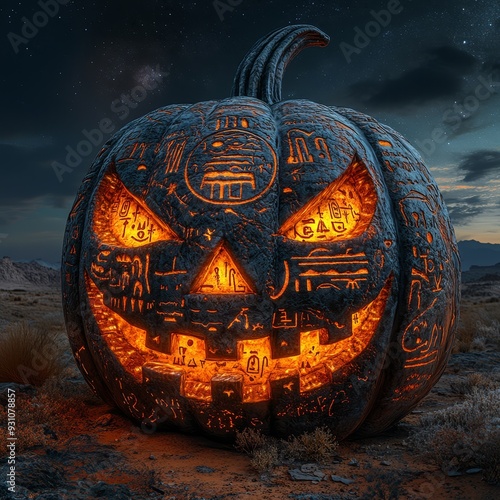 Produce a frontal view of a jackolantern adorned w 043 halloween, pumpkin, orange, holiday, autumn, face, lantern, scary, october, jack-o-lantern, jack, spooky, vegetable, evil, decoration, smile, iso photo