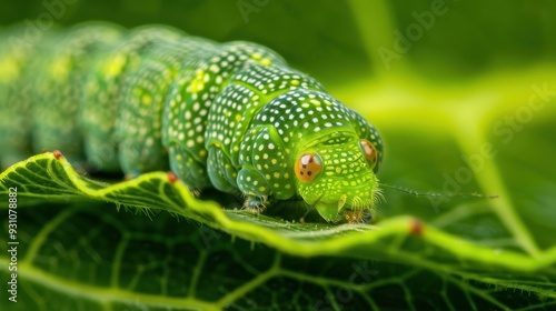 A close-up of a green caterpillar crawling on a leaf, highlighting its unique pattern