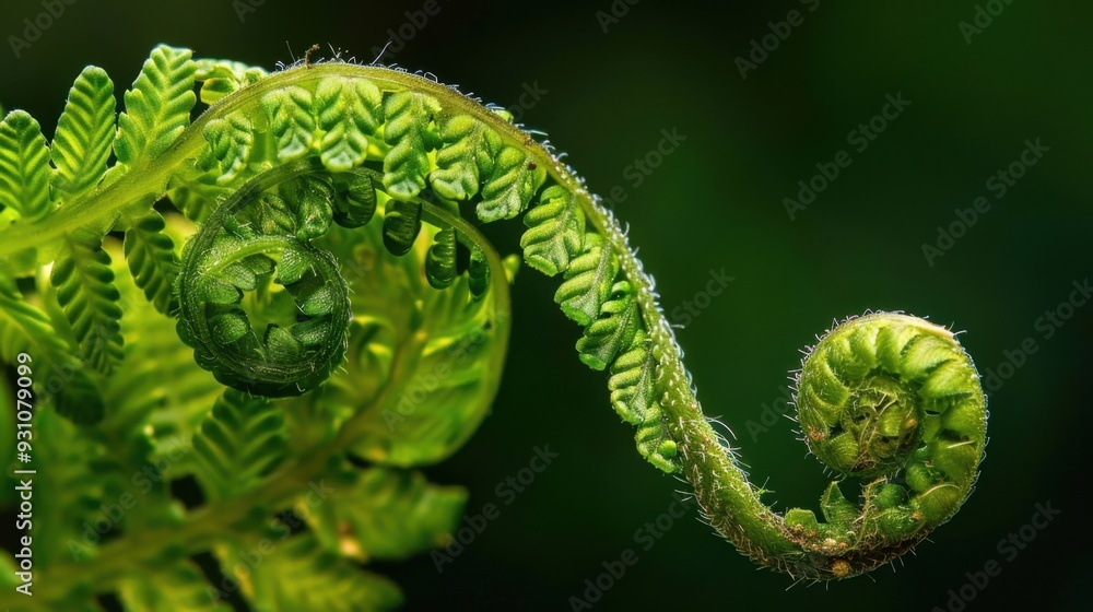 A close-up of a green fern leaf unfurling, showing the intricate details of nature A close-up of a green fern leaf unfurling, showing the intricate details of nature