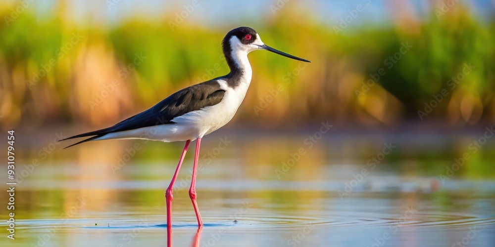 Elegant black-necked stilt standing in shallow water, wildlife, bird, nature, animal, wading, black and white, long legs Elegant black-necked stilt standing in shallow water, wildlife, bird, nature, animal, wading, black and white, long legs