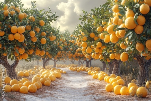 Tangerine grove with trees laden with ripe tangeri 009 fruit, food, market, orange, fresh, healthy, yellow, apple, organic, vegetable, lemon, green, agriculture, ripe, harvest, diet, fruits, isolated,