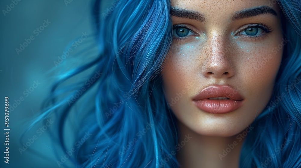 Dreamy close-up of a woman with blue hair and sparkles Dreamy close-up of a woman with blue hair and sparkles