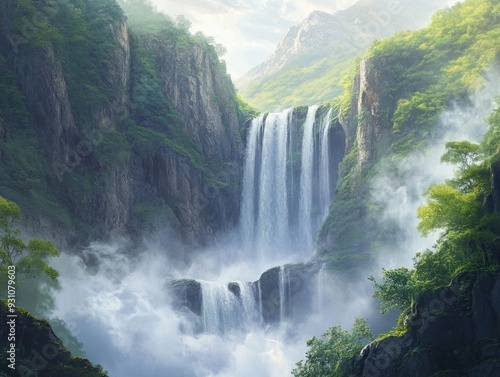 Majestic Waterfall Plunging Through Misty Mountain Gorge