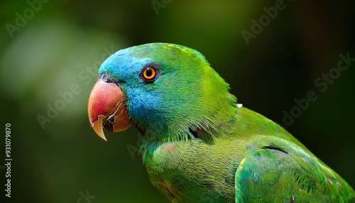 Blue-naped parrot, Tanygnathus lucionensis, colorful parrot, native to Philippines. Green parrot with red beak and light blue rear crown sitting on twig isolated against dark green jungle background. photo