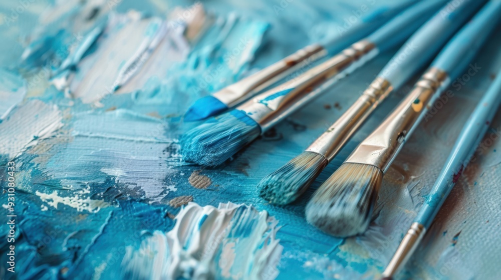 A close-up of a light blue watercolor palette, with brushes ready for painting A close-up of a light blue watercolor palette, with brushes ready for painting