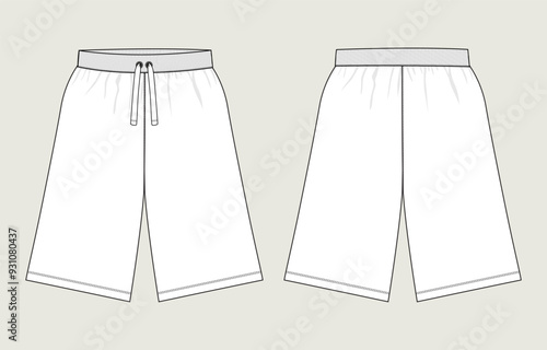 Trouser Shorts Sweatpants technical drawing fashion flat sketch vector illustration template front and back views. Fleece fabric knee length pant for men's and boys