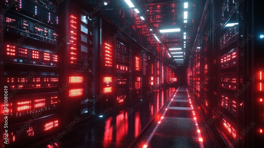 Red and White Lights Illuminate a Futuristic Server Room Red and White Lights Illuminate a Futuristic Server Room